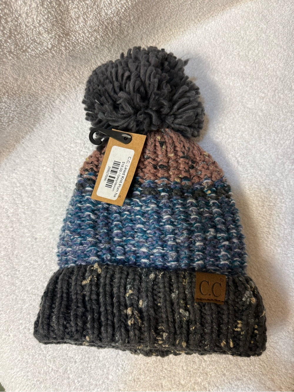 C.C Lined Knit Pom Beanie - Gray, Blue & Pink Colorblock